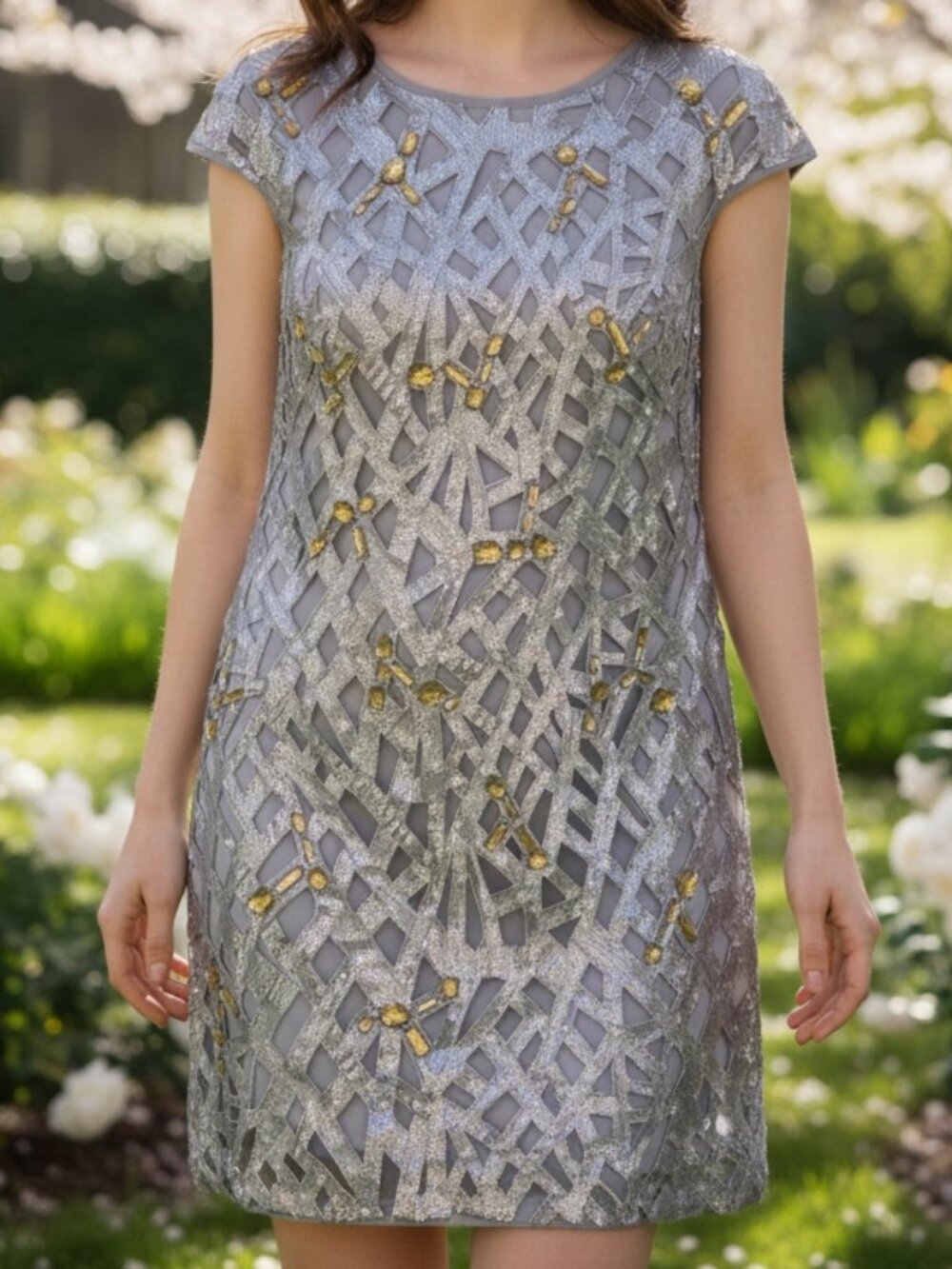 TADASHI SHOJI DRESS SILVER YELLOW SEQUIN EMBELLISHED COCKTAIL PARTY GLAM EVENING